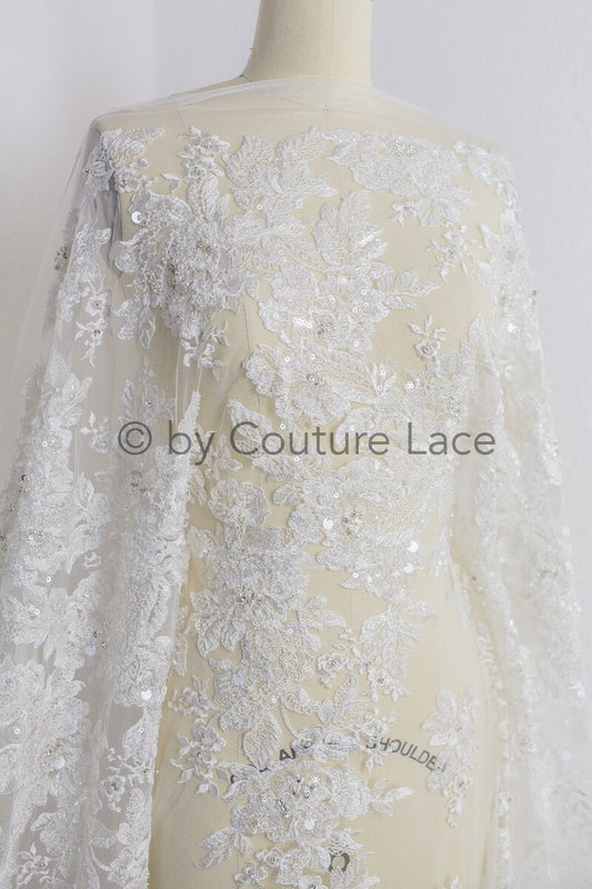 Heavy hand beaded lace fabric off-white/ beautiful bridal lace fabric/ lace with beads for wedding dress// L18-220