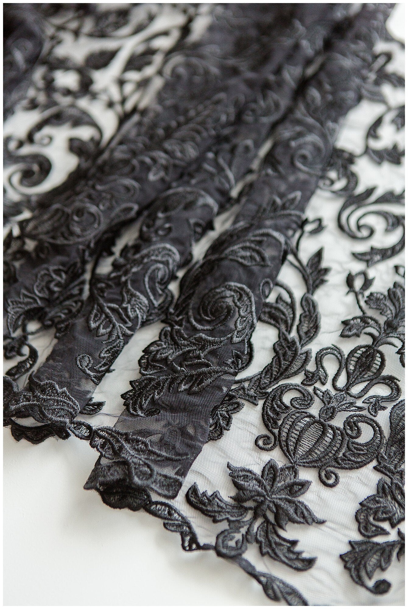 BLACK lace trim for evening dress, embroidered lace trim black, soft lace trim, lace trim for black veil// T17-063