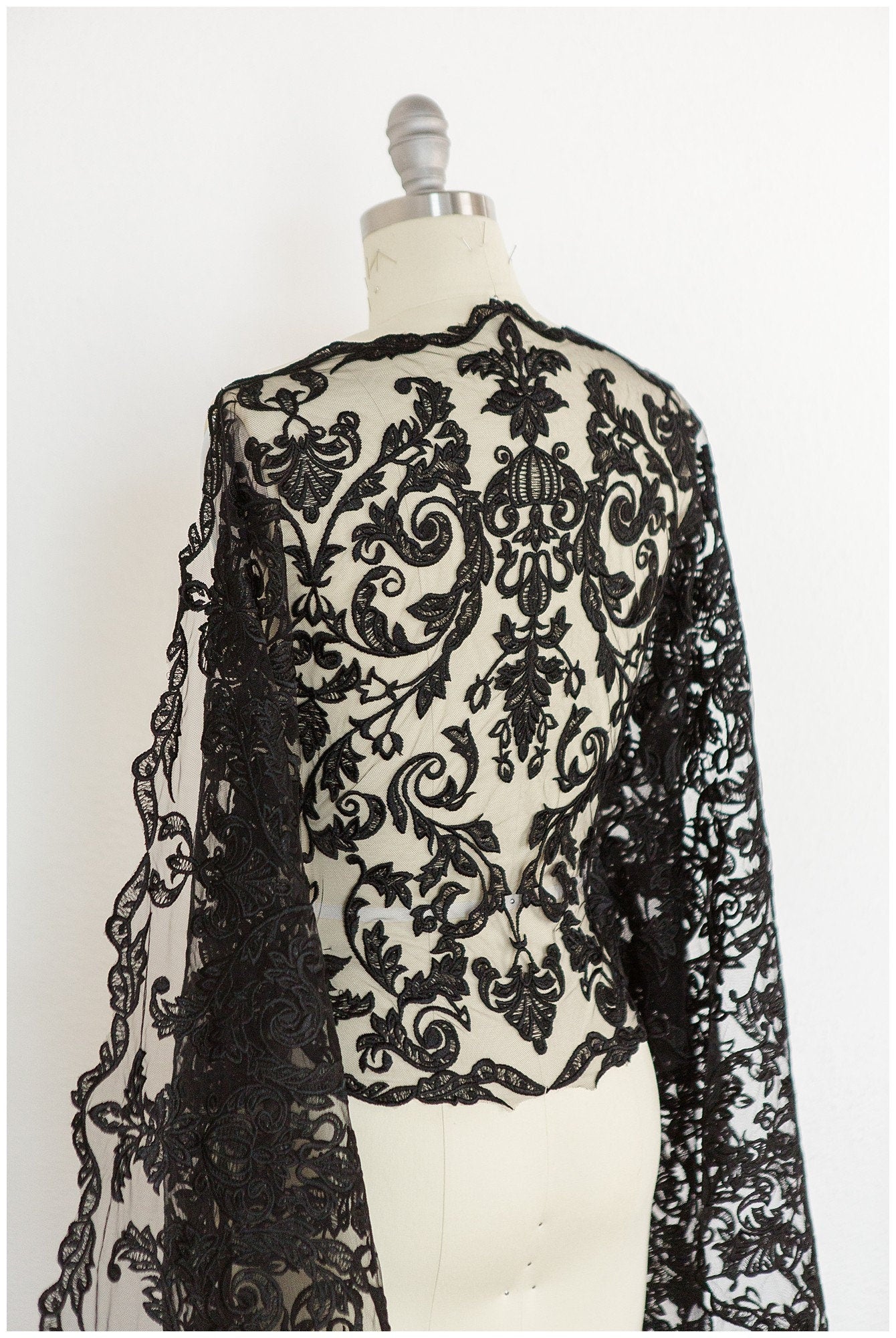 BLACK lace trim for evening dress, embroidered lace trim black, soft lace trim, lace trim for black veil// T17-063
