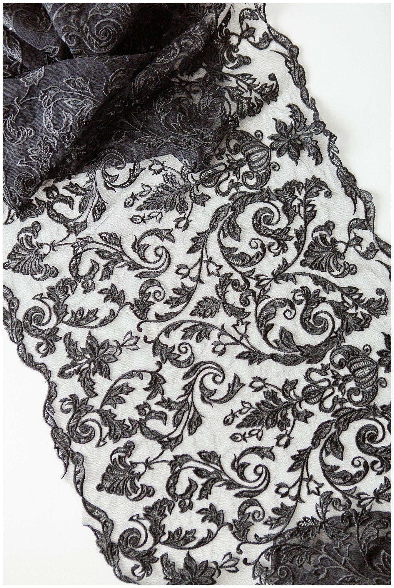 BLACK lace trim for evening dress, embroidered lace trim black, soft lace trim, lace trim for black veil// T17-063
