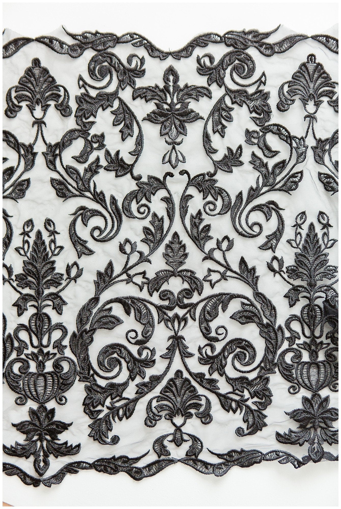 BLACK lace trim for evening dress, embroidered lace trim black, soft lace trim, lace trim for black veil// T17-063