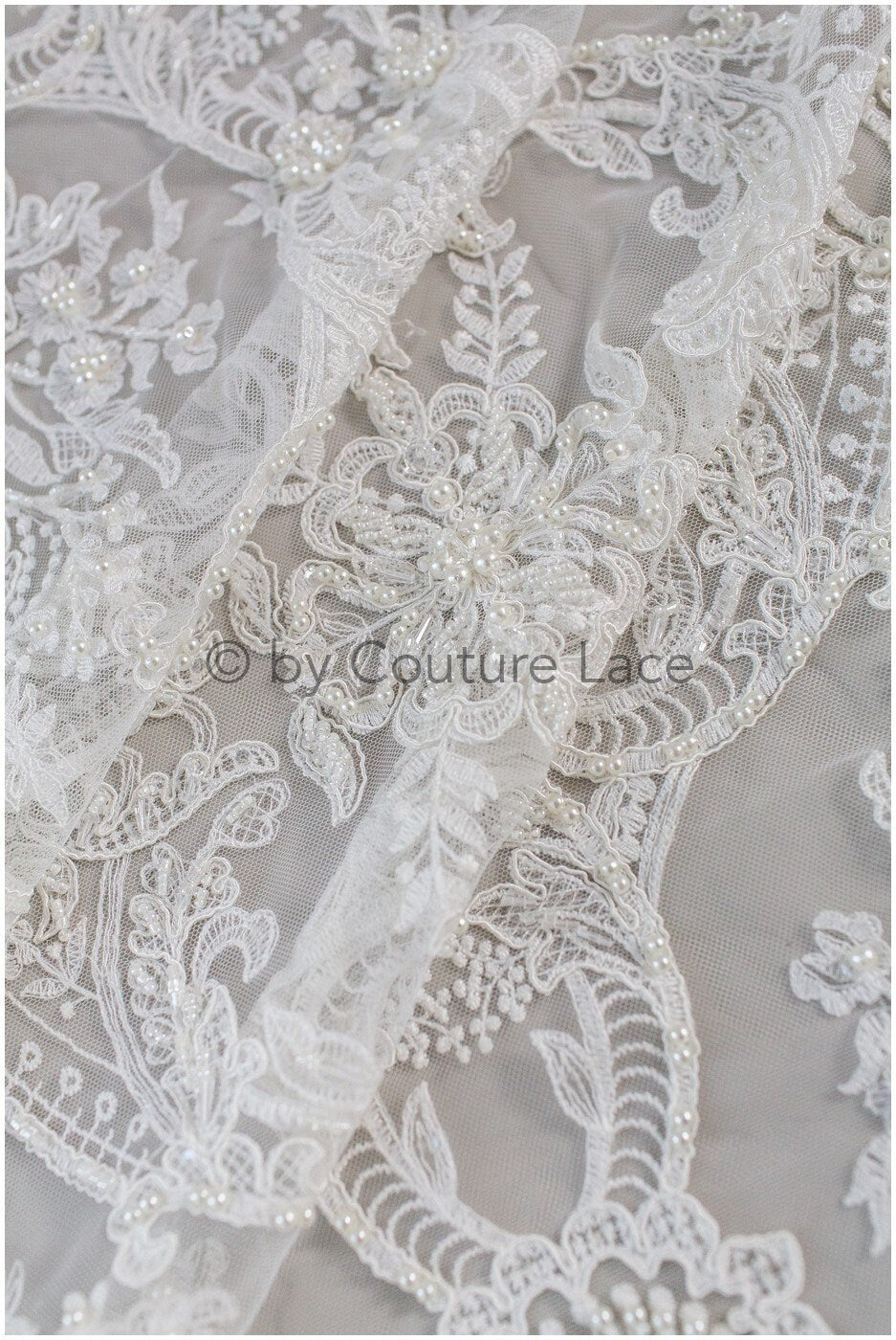 Luxus Handperlen Spitzenstoff Off-White/ Perlen Brautspitze/ Hochzeitskleid Spitze mit Perle// L19-209