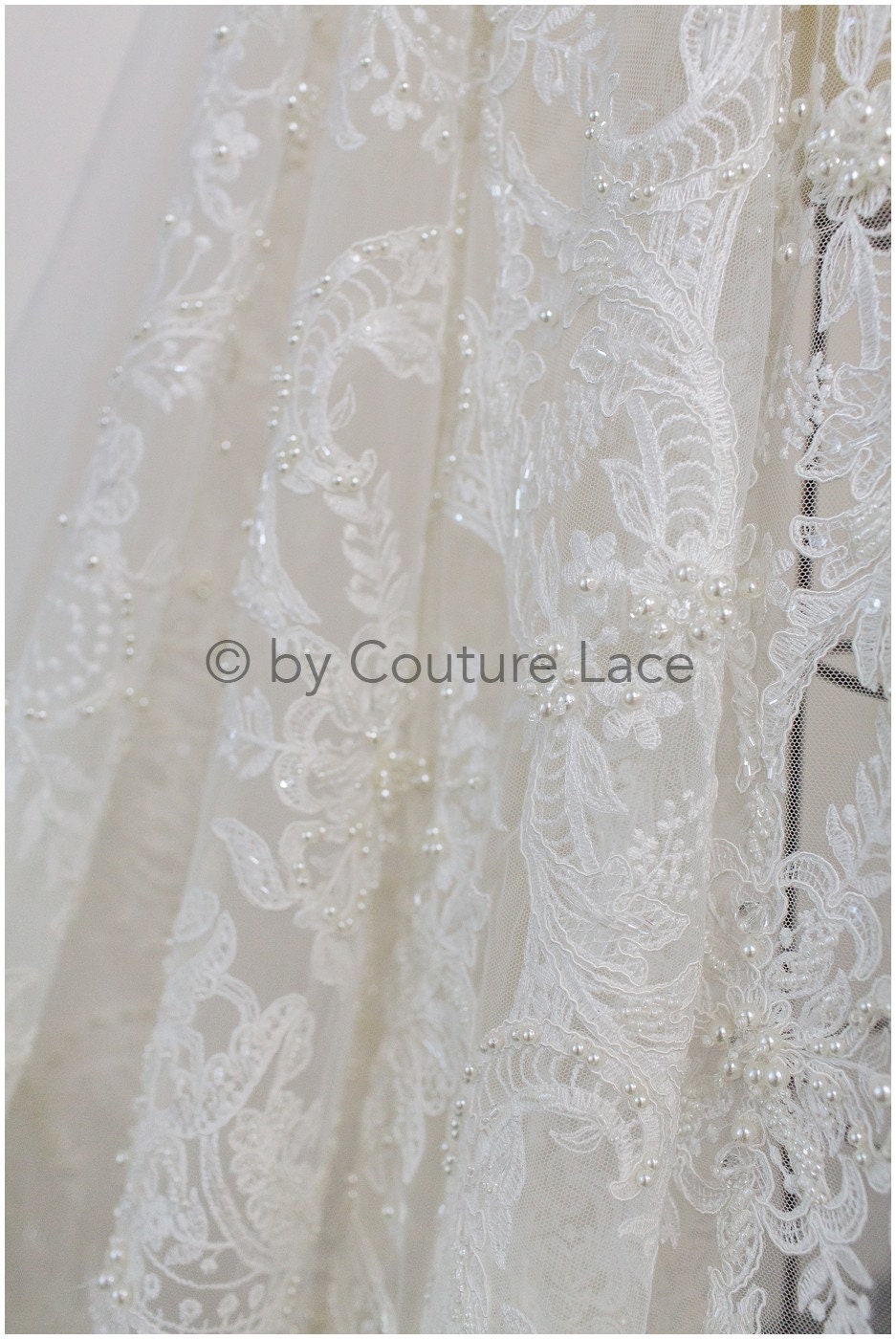 Luxus Handperlen Spitzenstoff Off-White/ Perlen Brautspitze/ Hochzeitskleid Spitze mit Perle// L19-209