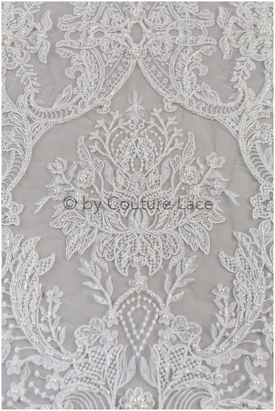 Luxus Handperlen Spitzenstoff Off-White/ Perlen Brautspitze/ Hochzeitskleid Spitze mit Perle// L19-209