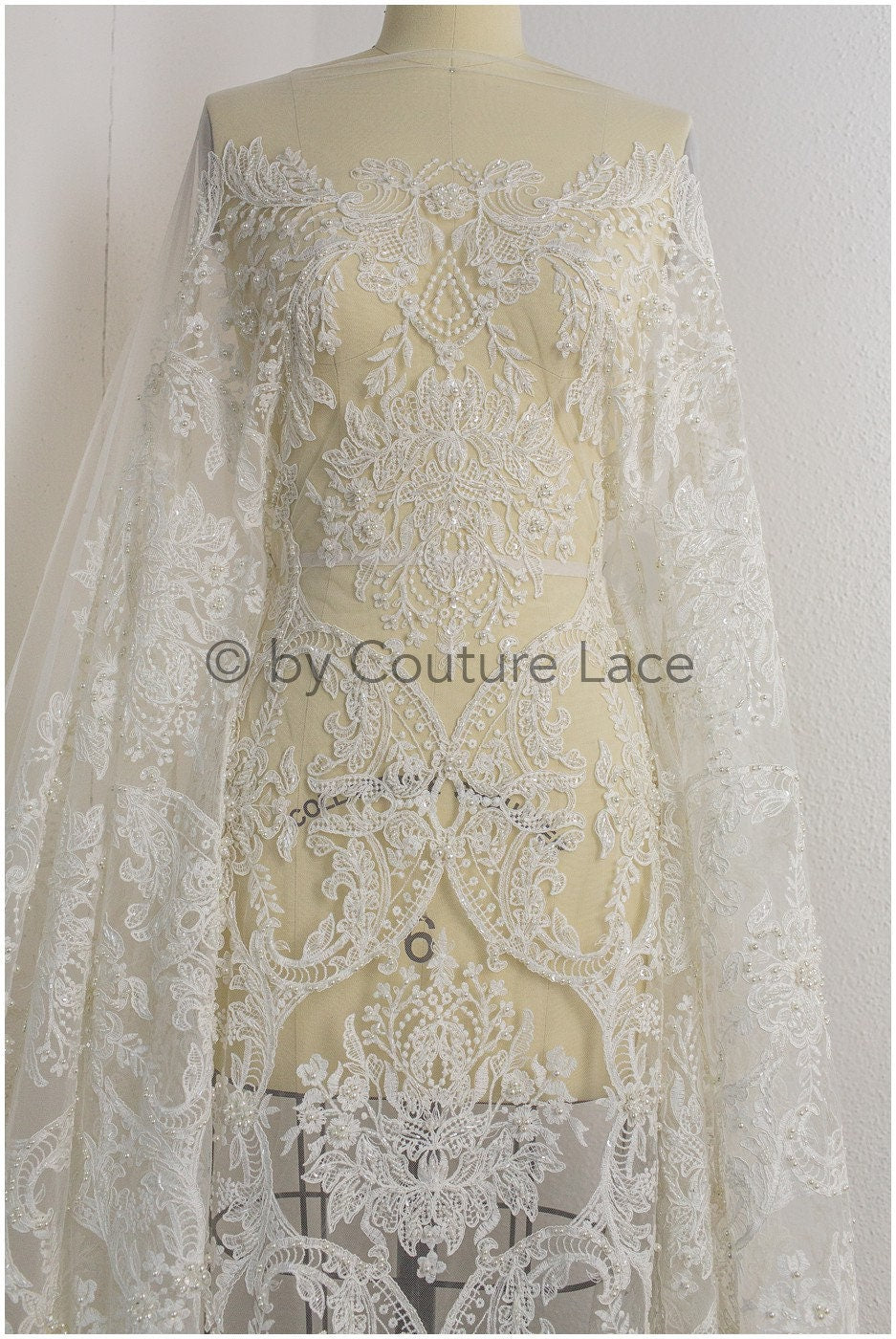 Luxus Handperlen Spitzenstoff Off-White/ Perlen Brautspitze/ Hochzeitskleid Spitze mit Perle// L19-209