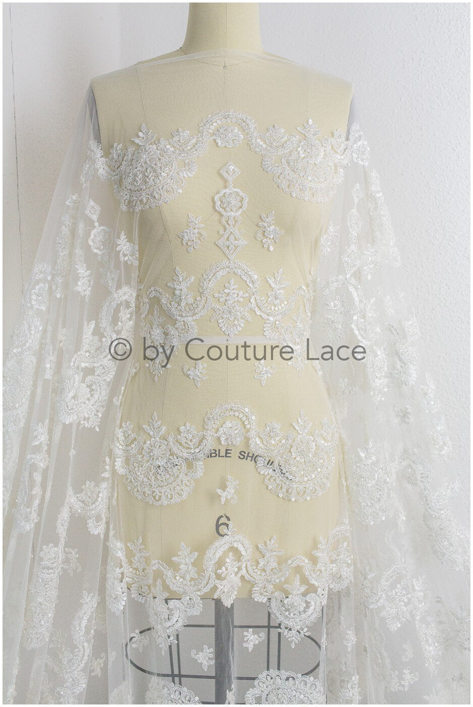 Perlen Spitzenstoff Off-White/ Couture Spitzenstoff mit Perlen/ Braut Spitzenstoff/ Perlen Pailletten Spitze// L19-221