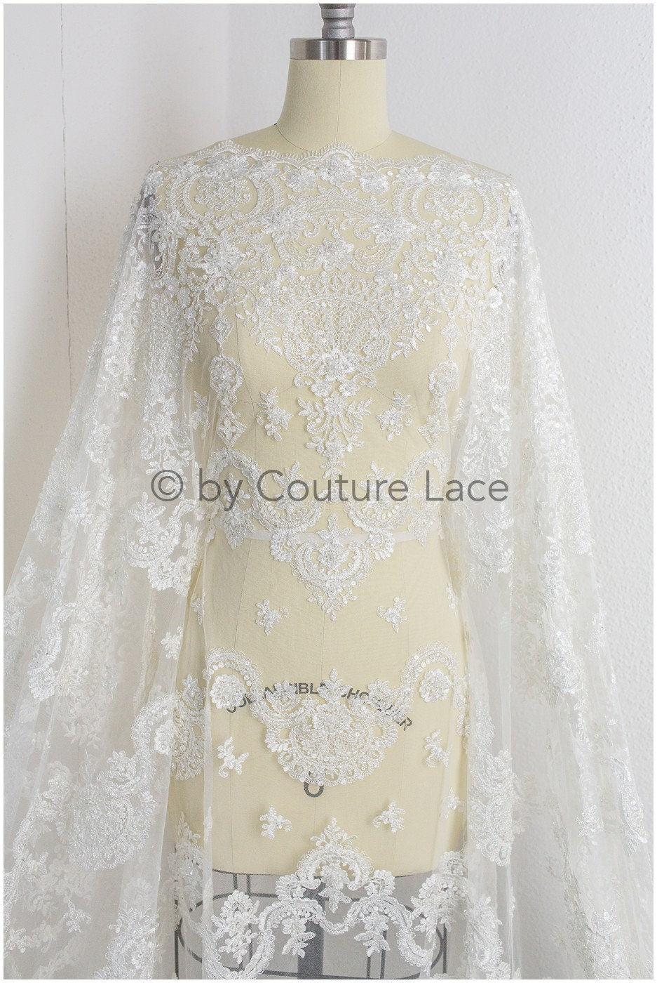 Perlen Spitzenstoff Off-White/ Couture Spitzenstoff mit Perlen/ Braut Spitzenstoff/ Perlen Pailletten Spitze// L19-221