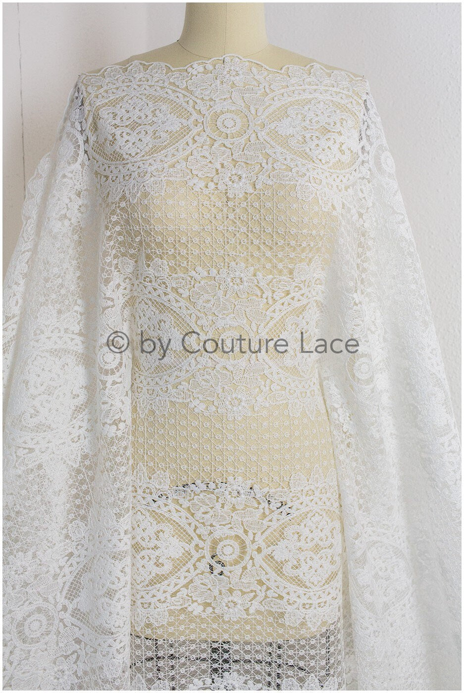 Embroidered bridal lace fabric/ Bridal lace fabric off-white/ Milk silk lace fabric/ Bridal lace// L19-222