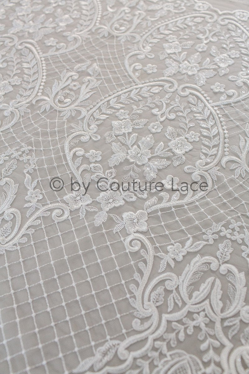 French Floral Lace/ Bridal Raschel Lace Off-White/ French Veil Lace/ Bridal Chanitilly Lace/ Boho Bridal Lace// L18-198