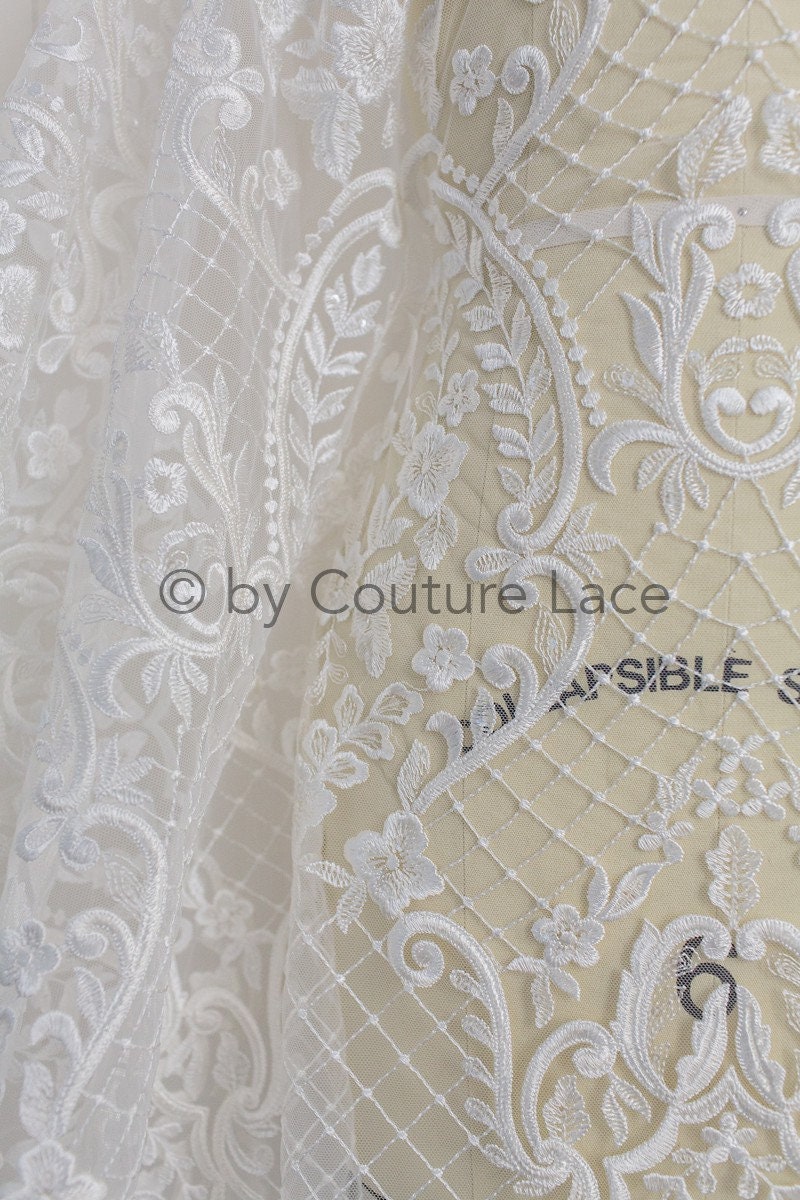 French Floral Lace/ Bridal Raschel Lace Off-White/ French Veil Lace/ Bridal Chanitilly Lace/ Boho Bridal Lace// L18-198
