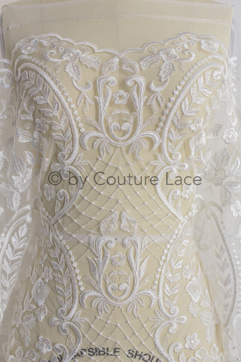 French Floral Lace/ Bridal Raschel Lace Off-White/ French Veil Lace/ Bridal Chanitilly Lace/ Boho Bridal Lace// L18-198