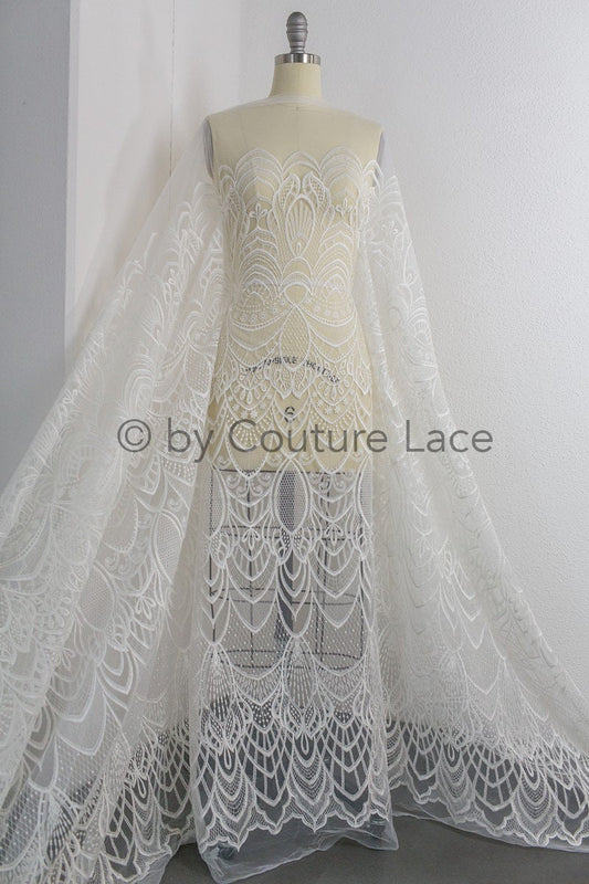 Tela de encaje Boho Off-White / encaje vintage / encaje de algodón geométrico / encaje para vestido de novia // L18-202