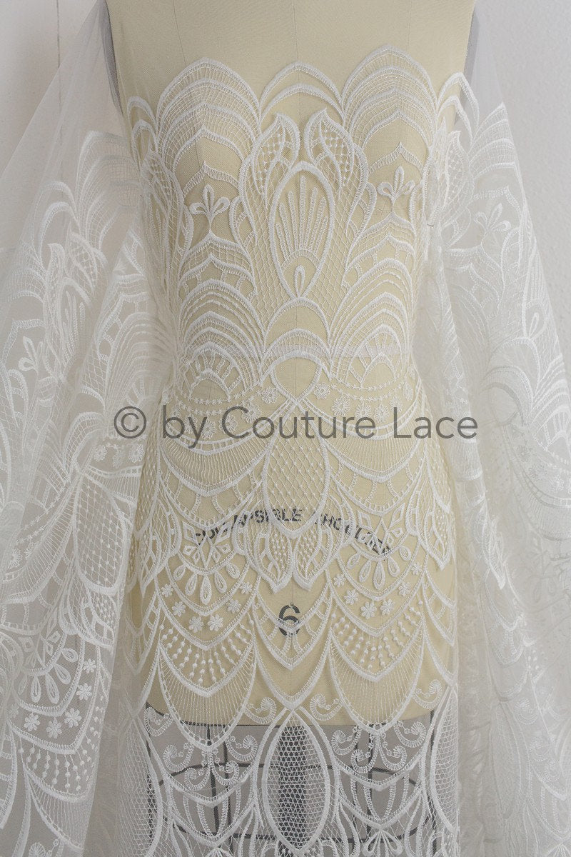 1.1yds piece - Boho lace fabric off-white/ vintage lace fabric/ geometric cotton lace/ wedding dress lace// L18-202
