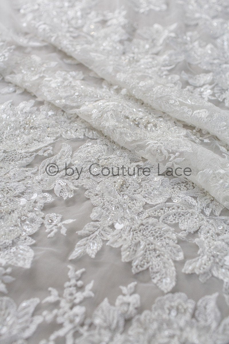 Schwerer Handperlen Spitzenstoff Off-White/ wunderschöner Braut Spitzenstoff/ Spitze mit Perlen für Hochzeitskleid// L18-220
