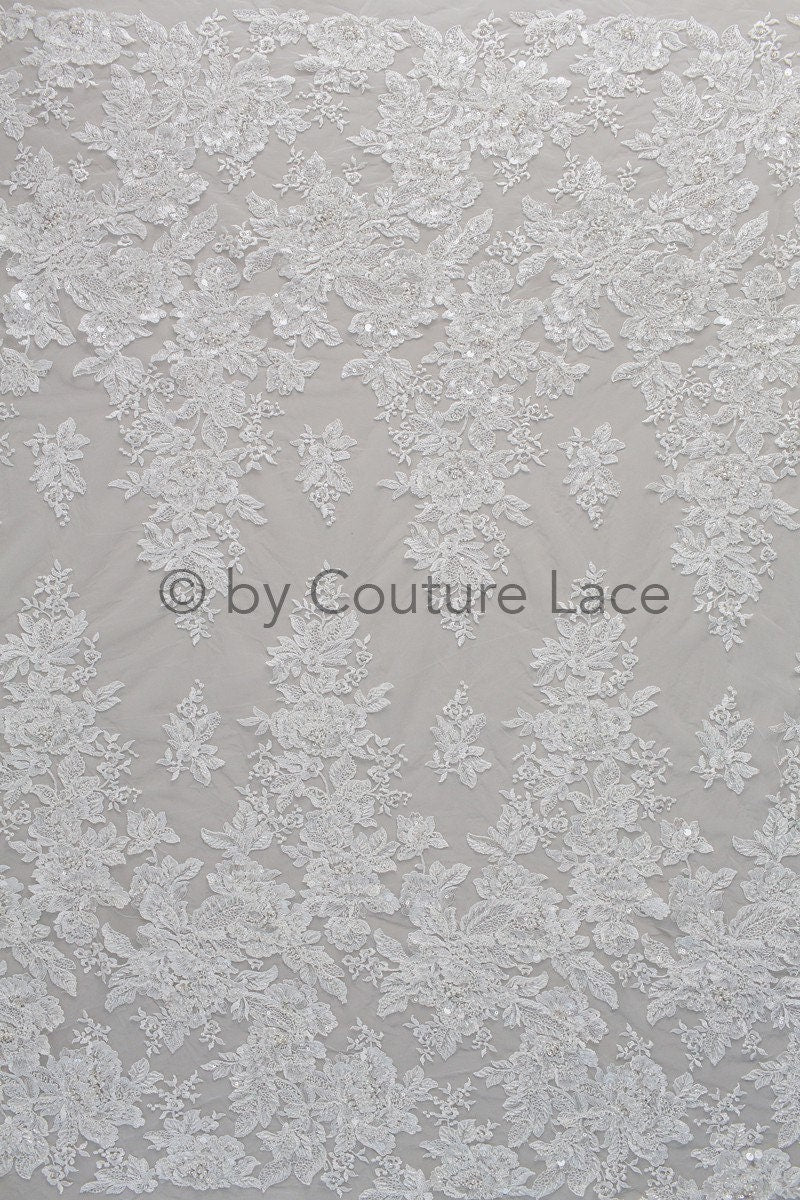 Schwerer Handperlen Spitzenstoff Off-White/ wunderschöner Braut Spitzenstoff/ Spitze mit Perlen für Hochzeitskleid// L18-220