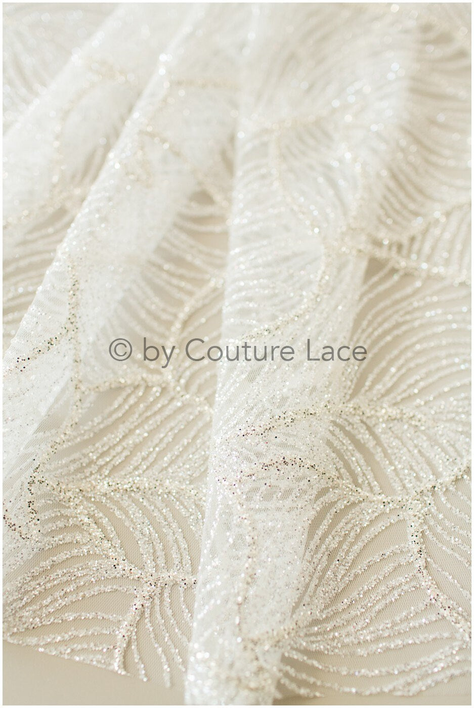 Wedding dress fabric with glitter/ Off-white diamond glitter tulle fabric with leaf design/ Shiny glitter tulle fabric// R-014