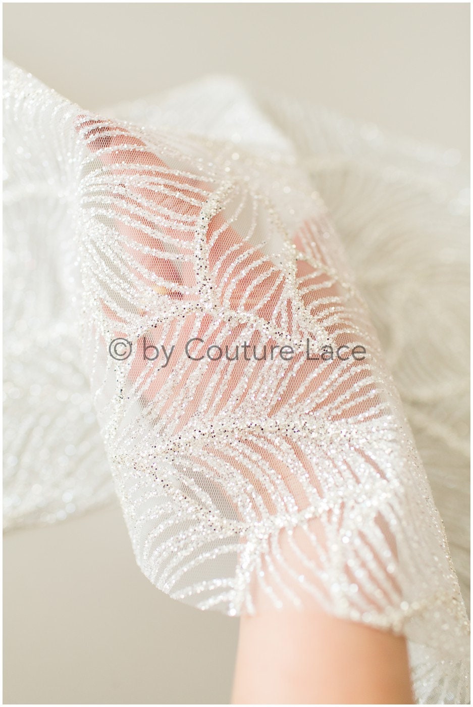 Wedding dress fabric with glitter/ Off-white diamond glitter tulle fabric with leaf design/ Shiny glitter tulle fabric// R-014