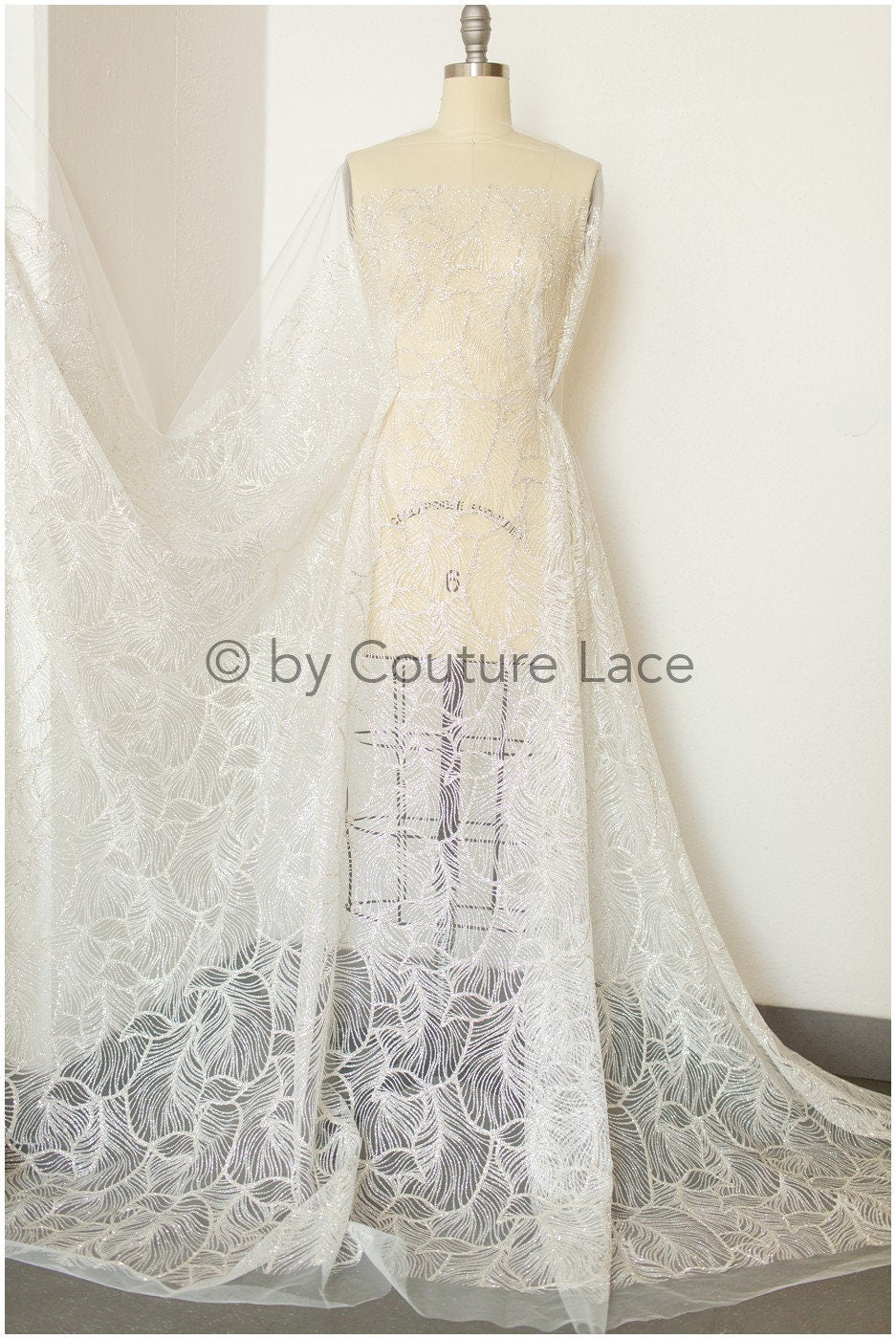 Wedding dress fabric with glitter/ Off-white diamond glitter tulle fabric with leaf design/ Shiny glitter tulle fabric// R-014
