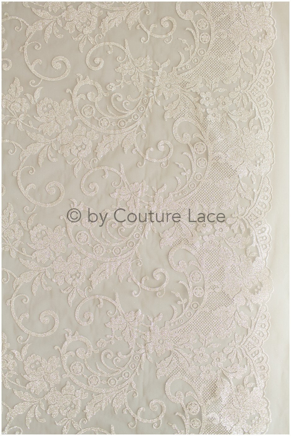 Floral lace glitter mesh fabric/ Off-white wedding dress fabric with glitter/ Shiny glitter tulle fabric/ R-015