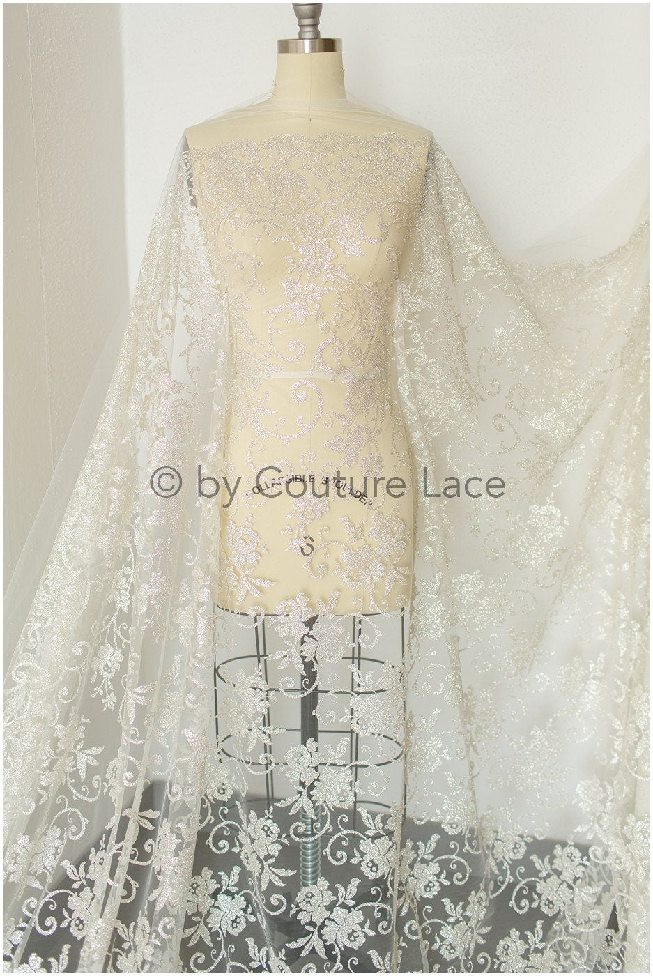 Floral lace glitter mesh fabric/ Off-white wedding dress fabric with glitter/ Shiny glitter tulle fabric/ R-015