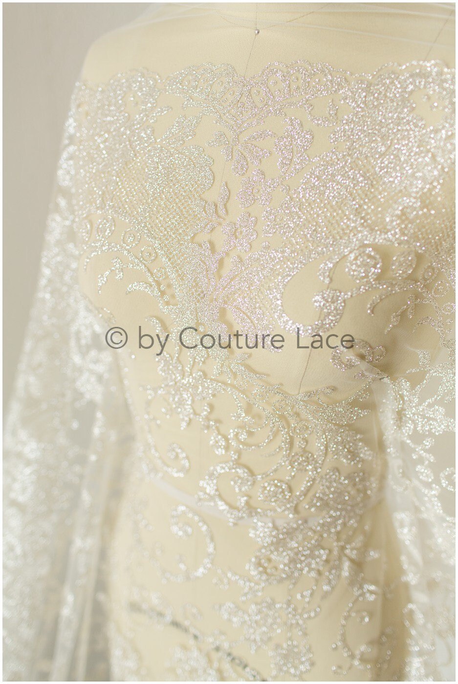 Floral lace glitter mesh fabric/ Off-white wedding dress fabric with glitter/ Shiny glitter tulle fabric/ R-015
