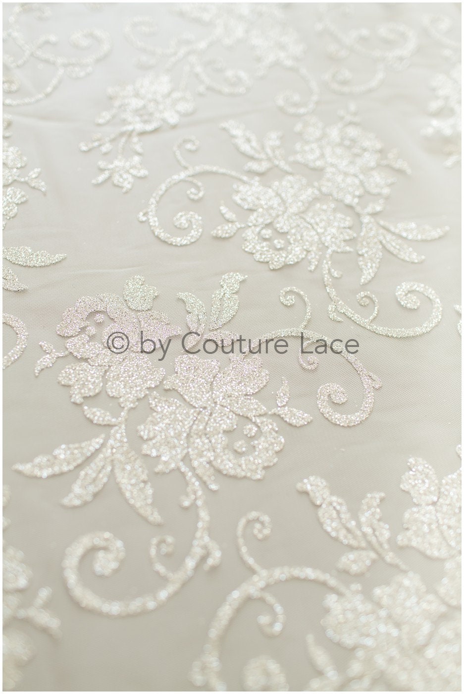 Floral lace glitter mesh fabric/ Off-white wedding dress fabric with glitter/ Shiny glitter tulle fabric/ R-015