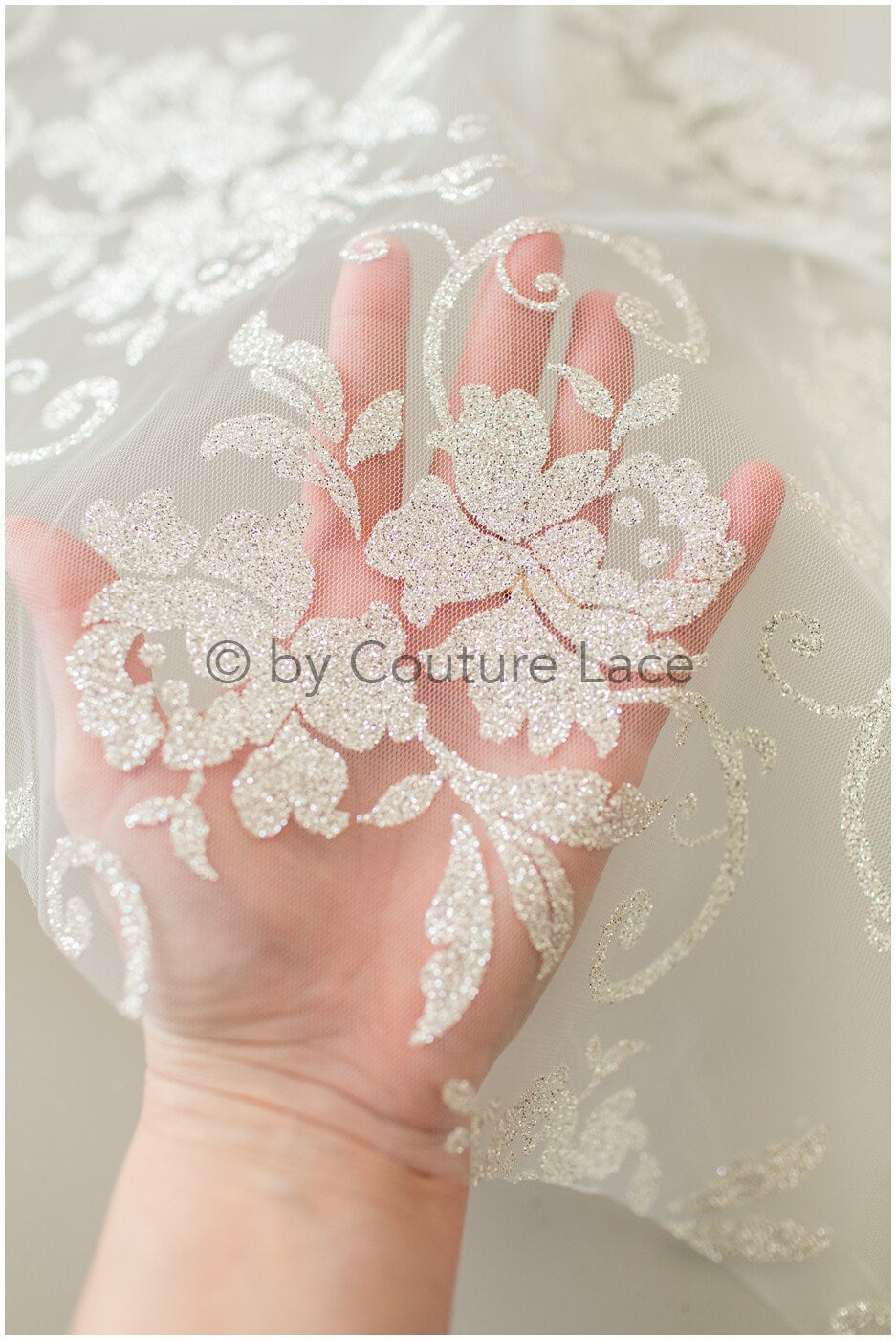 Floral lace glitter mesh fabric/ Off-white wedding dress fabric with glitter/ Shiny glitter tulle fabric/ R-015