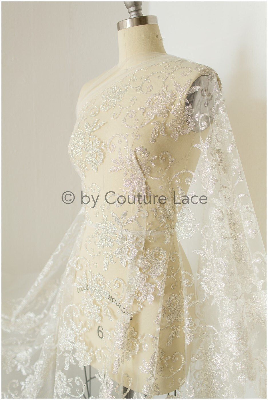 Floral lace glitter mesh fabric/ Off-white wedding dress fabric with glitter/ Shiny glitter tulle fabric/ R-015