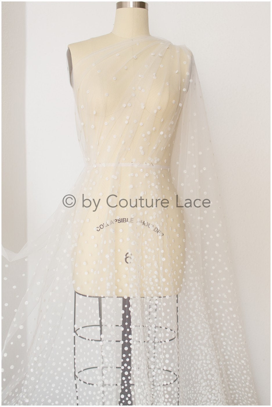 Shiny polka dot flock fabric with gradient/ off-white silver glitter fabric with flock/ elegant mesh tulle lace fabric/ off-white bridal tulle fabric// R-017
