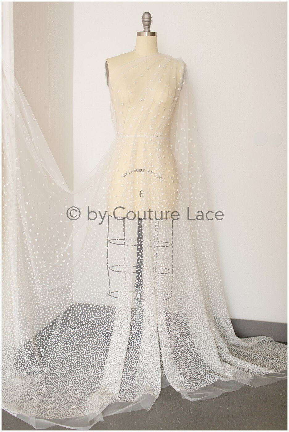 Shiny polka dot flock fabric with gradient/ off-white silver glitter fabric with flock/ elegant mesh tulle lace fabric/ off-white bridal tulle fabric// R-017