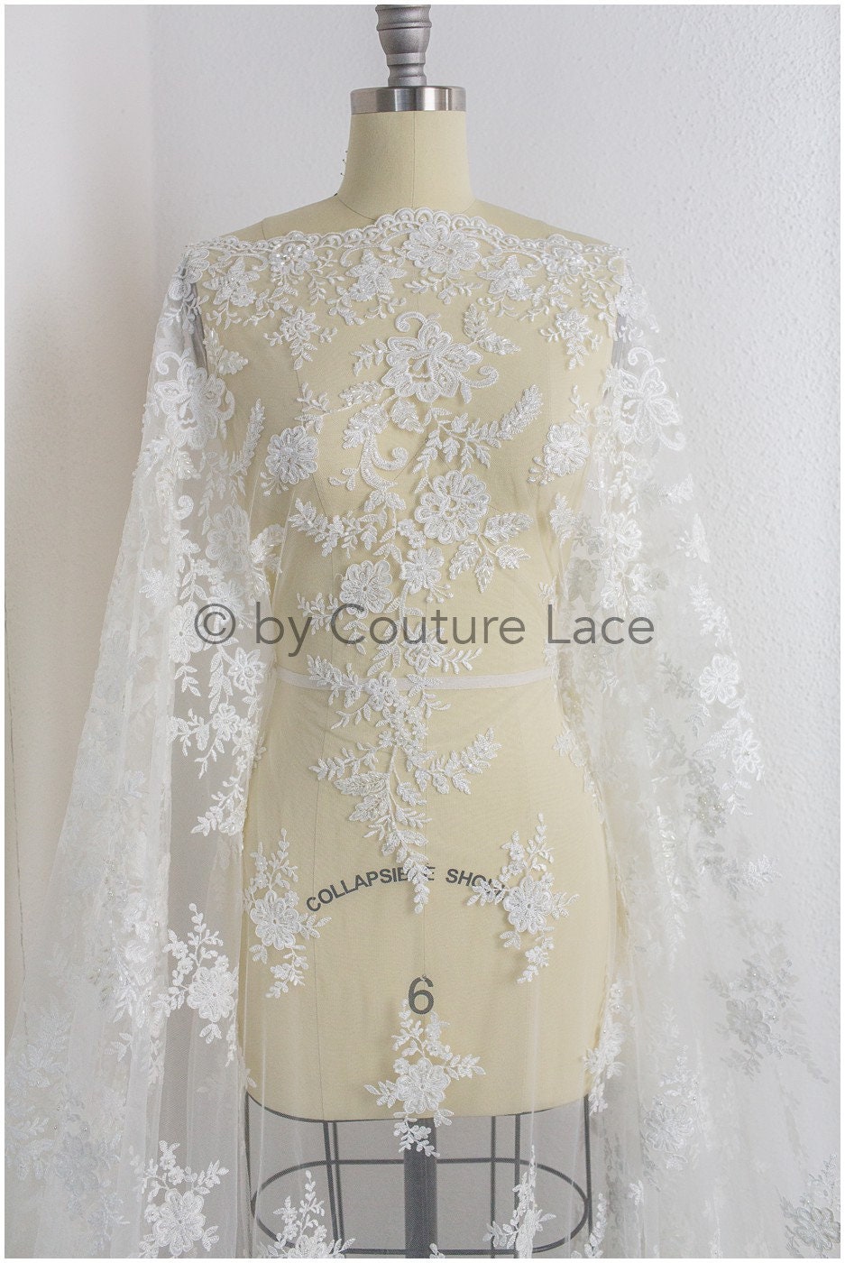 Perlen Spitzenstoff Off-White/ Brautspitze mit Perlen/ Blumenhochzeitskleid Spitze mit Perlen & Pailletten// L19-208
