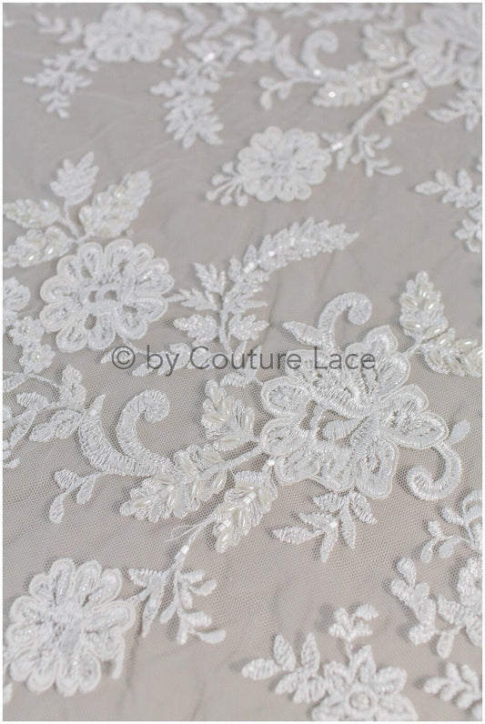 Perlen Spitzenstoff Off-White/ Brautspitze mit Perlen/ Blumenhochzeitskleid Spitze mit Perlen & Pailletten// L19-208