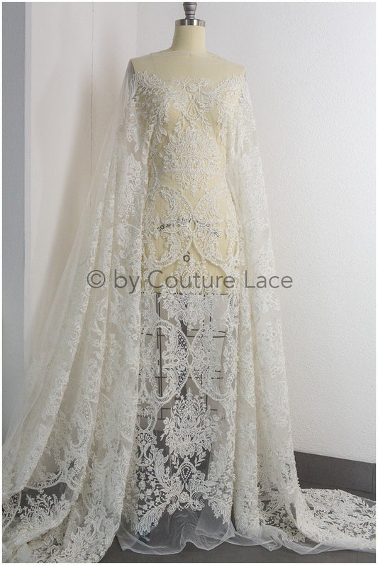 Luxury hand beaded lace fabric off-white/ pearl bridal lace/ wedding dress lace with pearl// L19-209