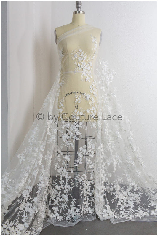 3D flower lace fabric off-white/ bridal lace fabric/ romantic flower lace fabric/ wedding lace fabric// L19-210