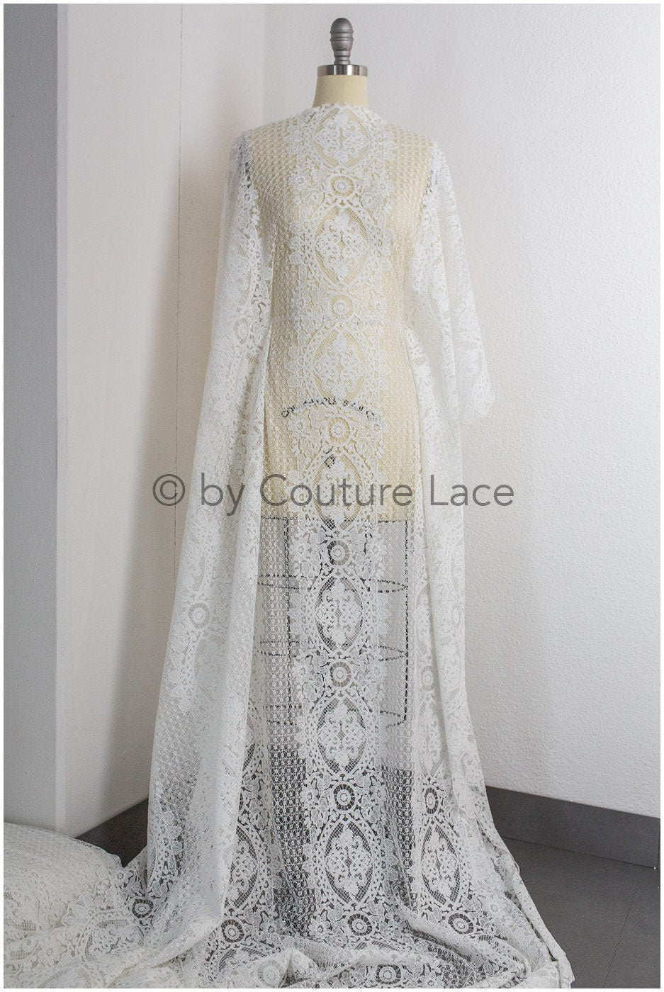 Embroidered bridal lace fabric/ Bridal lace fabric off-white/ Milk silk lace fabric/ Bridal lace// L19-222