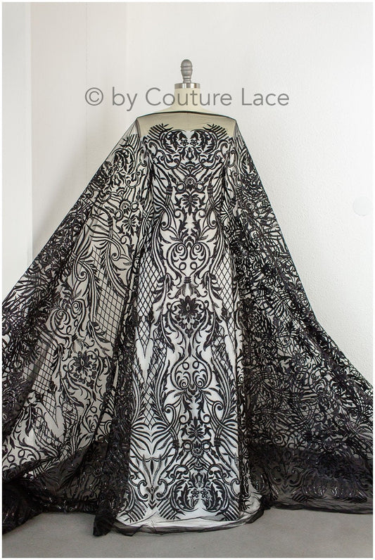 Schwarze Ornamentspitze/ schwarze Spitze/ schwarze bestickte Spitze für Abendkleid/ schwarze Couture Spitze // L19-215