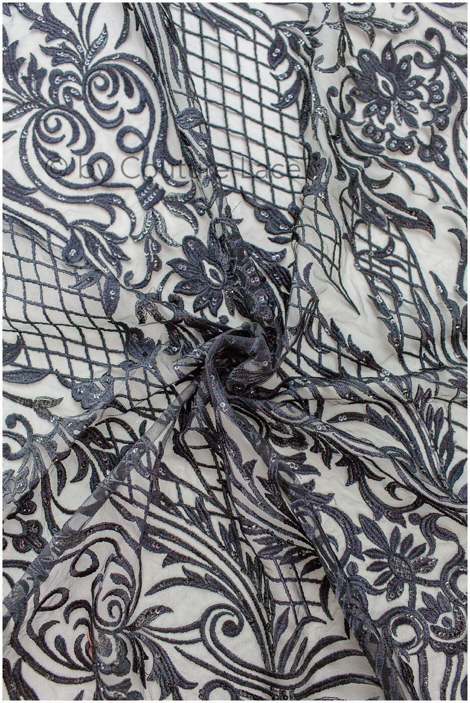 Schwarze Ornamentspitze/ schwarze Spitze/ schwarze bestickte Spitze für Abendkleid/ schwarze Couture Spitze // L19-215