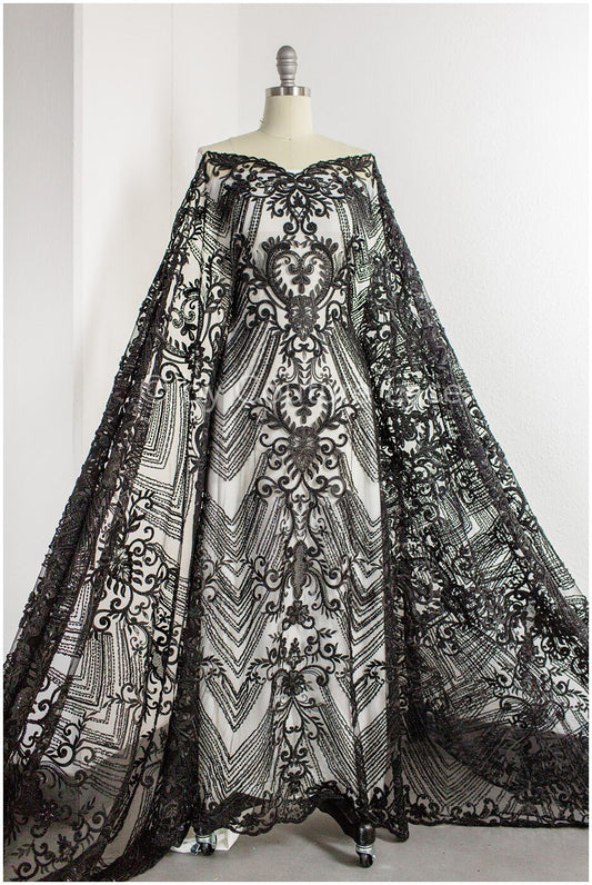 Perlen Spitzenstoff Schwarz/ Couture Spitzenstoff/ Spitzenstoff mit Perlen/ Perlen Spitze// L19-217