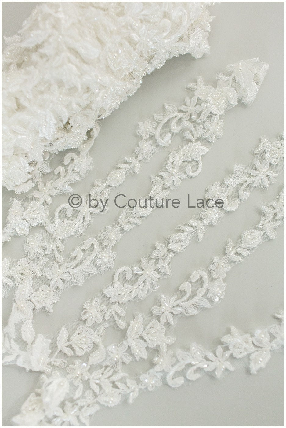Hand embroidered lace trim for wedding dress/ embroidered lace for veil/ lace trim off-white// T19-068