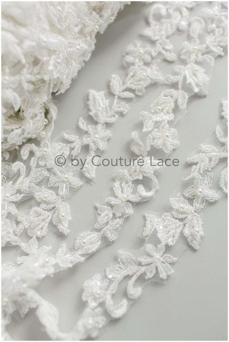 Hand embroidered lace trim for wedding dress/ embroidered lace for veil/ lace trim off-white// T19-068
