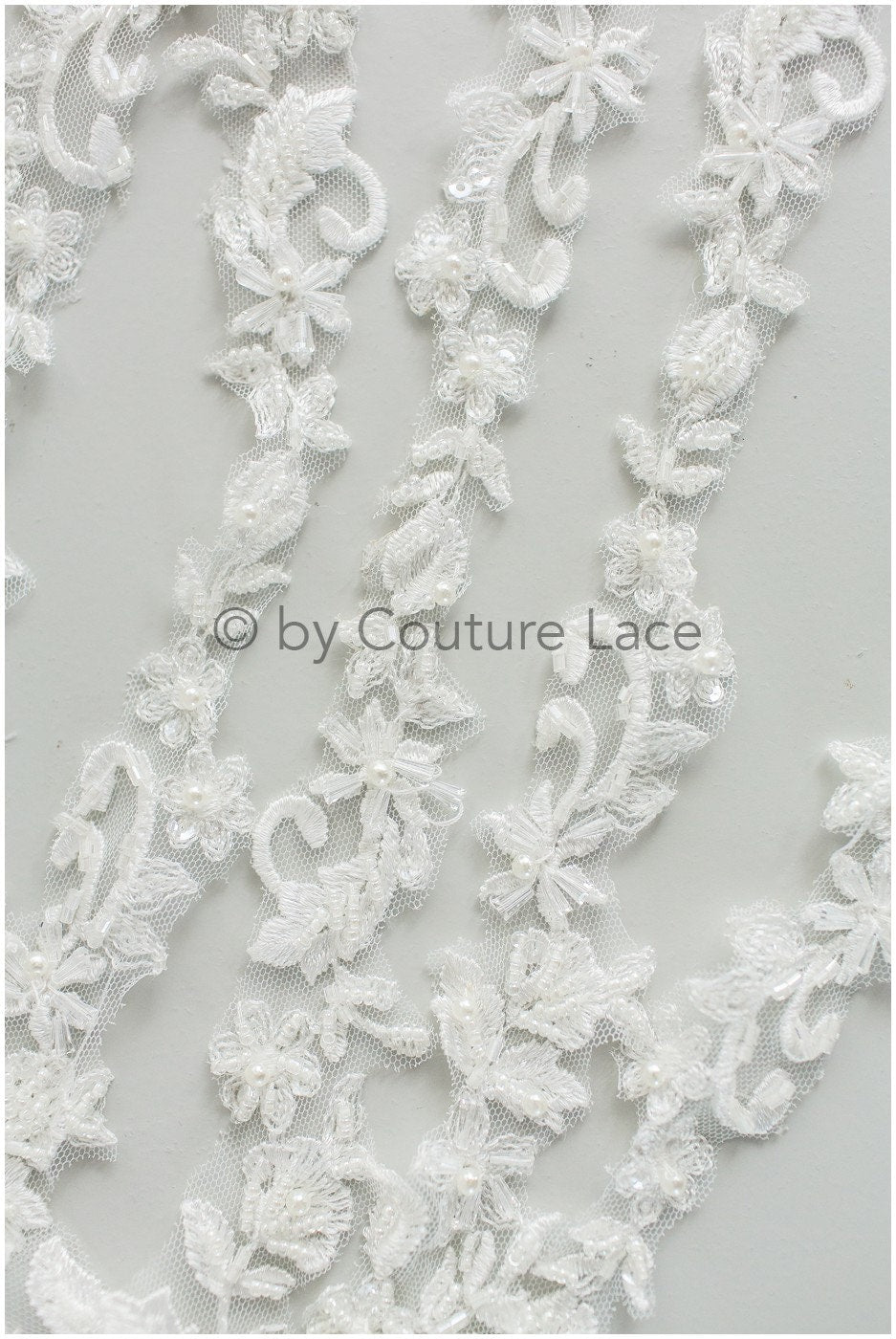 Hand embroidered lace trim for wedding dress/ embroidered lace for veil/ lace trim off-white// T19-068