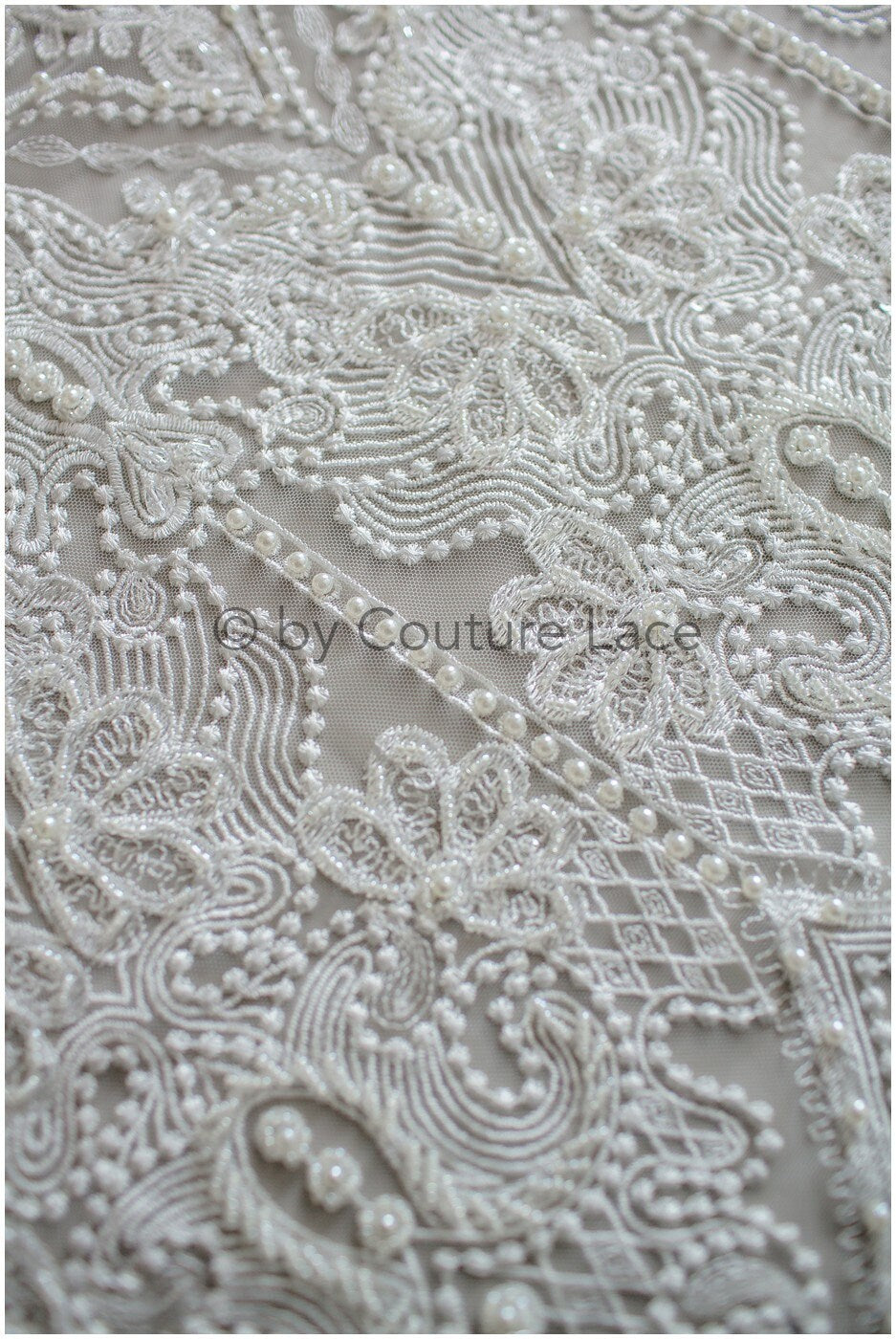 Geometric lace fabric off-white/ bridal lace with beads/ abstract wedding dress lace with beads & sequins// L19-249