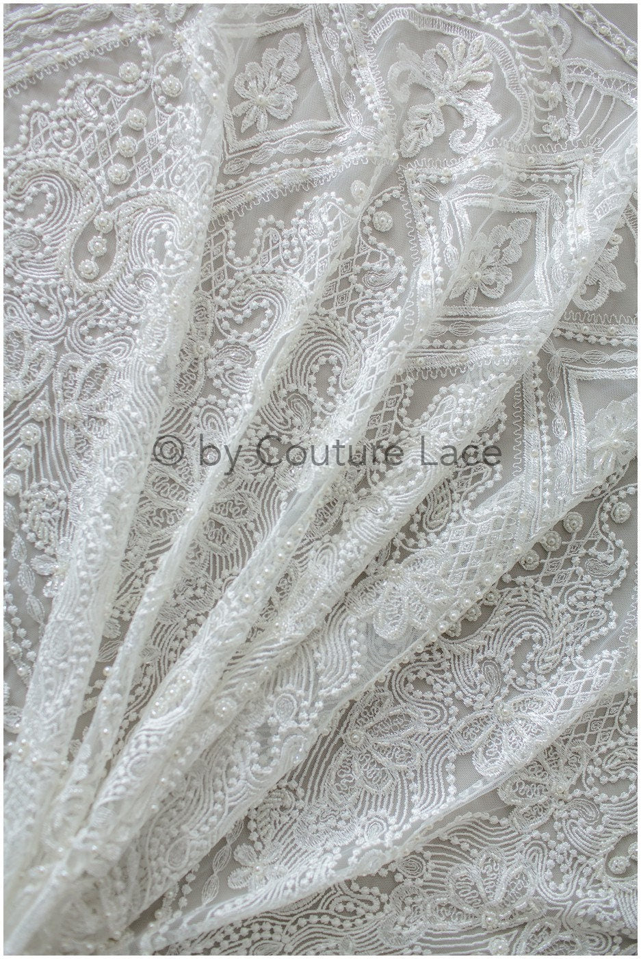Geometric lace fabric off-white/ bridal lace with beads/ abstract wedding dress lace with beads & sequins// L19-249