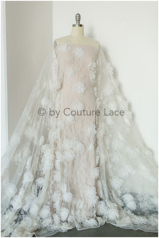 3D Blumen Spitzenstoff/ Braut Spitzenstoff/ romantischer Blumen Spitzenstoff mit 3D Blumen/ Hochzeit Spitzenstoff// L19-253