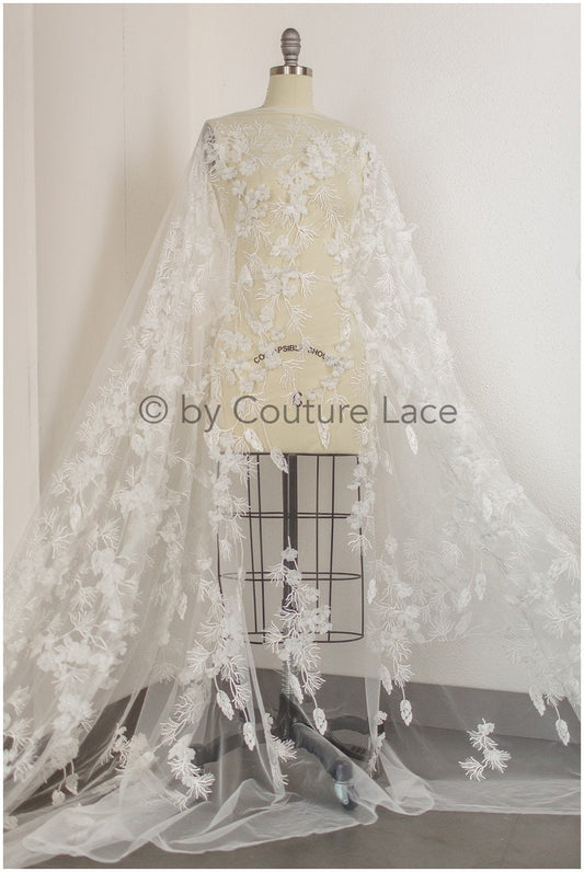 3D Blumen Spitzenstoff Off-White/ Braut Spitzenstoff mit Perlen/ romantischer Spitzenstoff mit 3D Blumen/ Hochzeit Spitzenstoff// L19-245