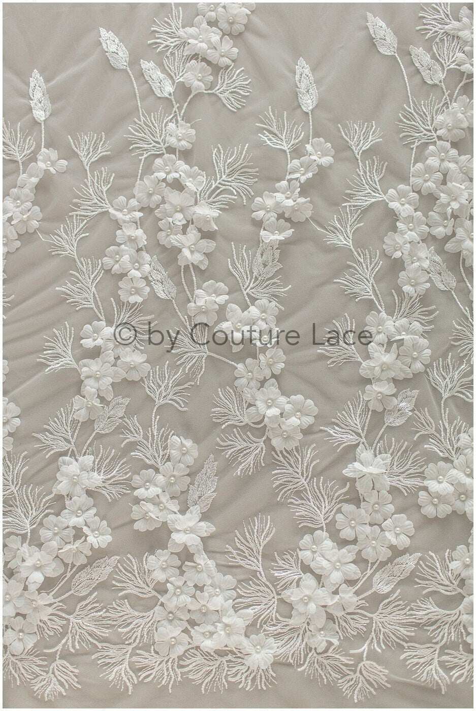 3D Blumen Spitzenstoff Off-White/ Braut Spitzenstoff mit Perlen/ romantischer Spitzenstoff mit 3D Blumen/ Hochzeit Spitzenstoff// L19-245