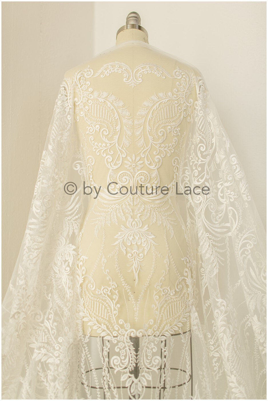Boho bridal lace fabric off-white/ lace fabric/ embroidered bridal lace fabric/ wedding dress lace// L19-243