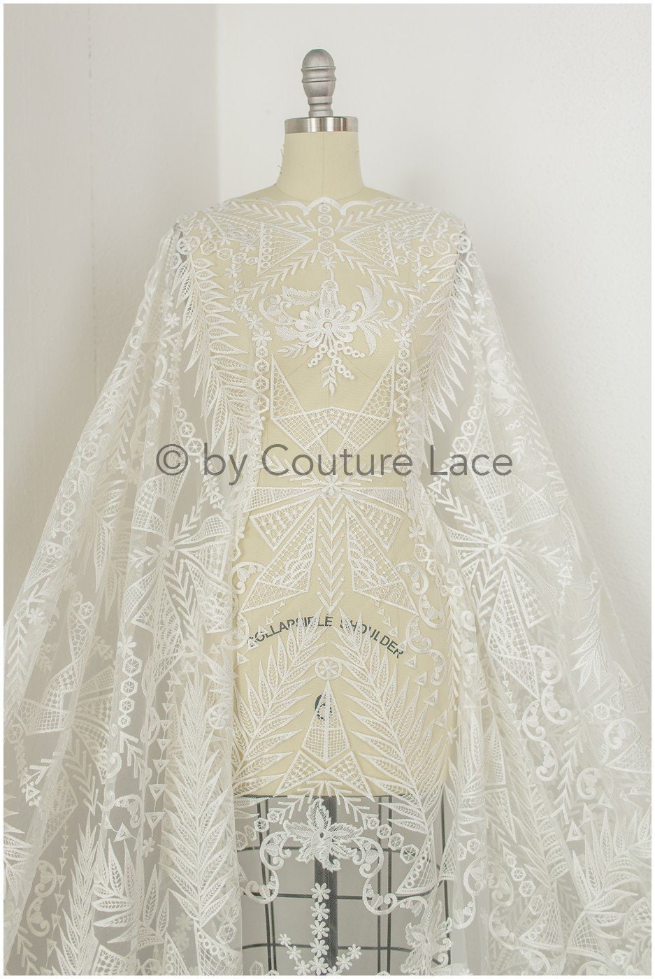 Boho bridal lace fabric off-white/ embroidered bridal lace fabric/ modern embroidered wedding dress lace// L19-242