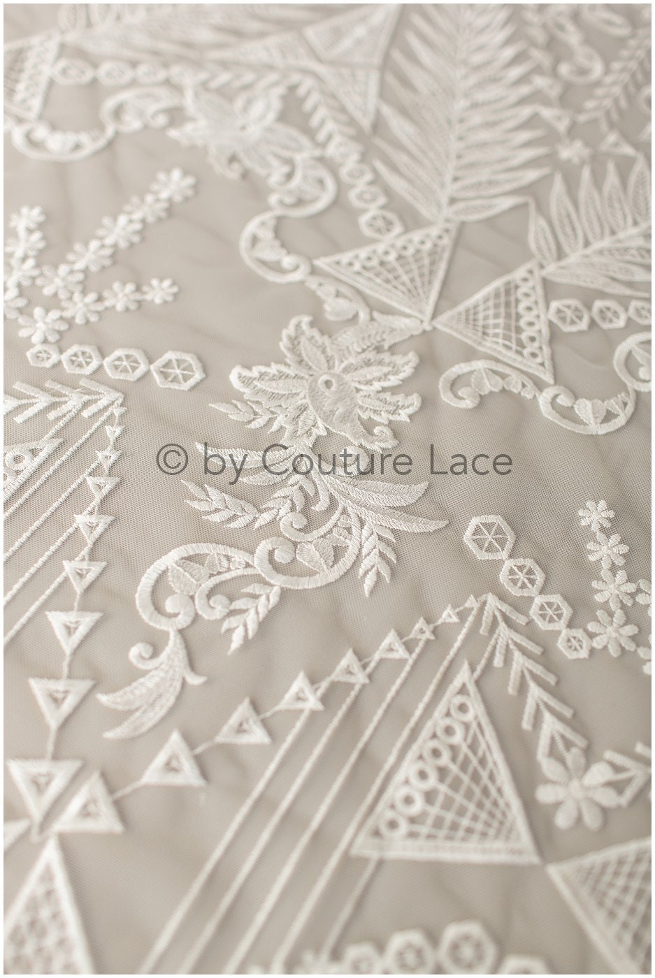 Boho bridal lace fabric off-white/ embroidered bridal lace fabric/ modern embroidered wedding dress lace// L19-242