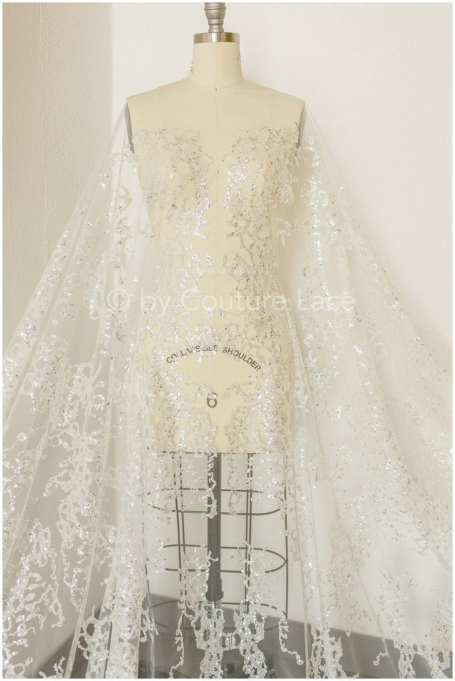 Glitter tulle fabric/ off-white silver glitter net/ wedding dress fabric with glitter/ shiny bridal lace fabric// R-019